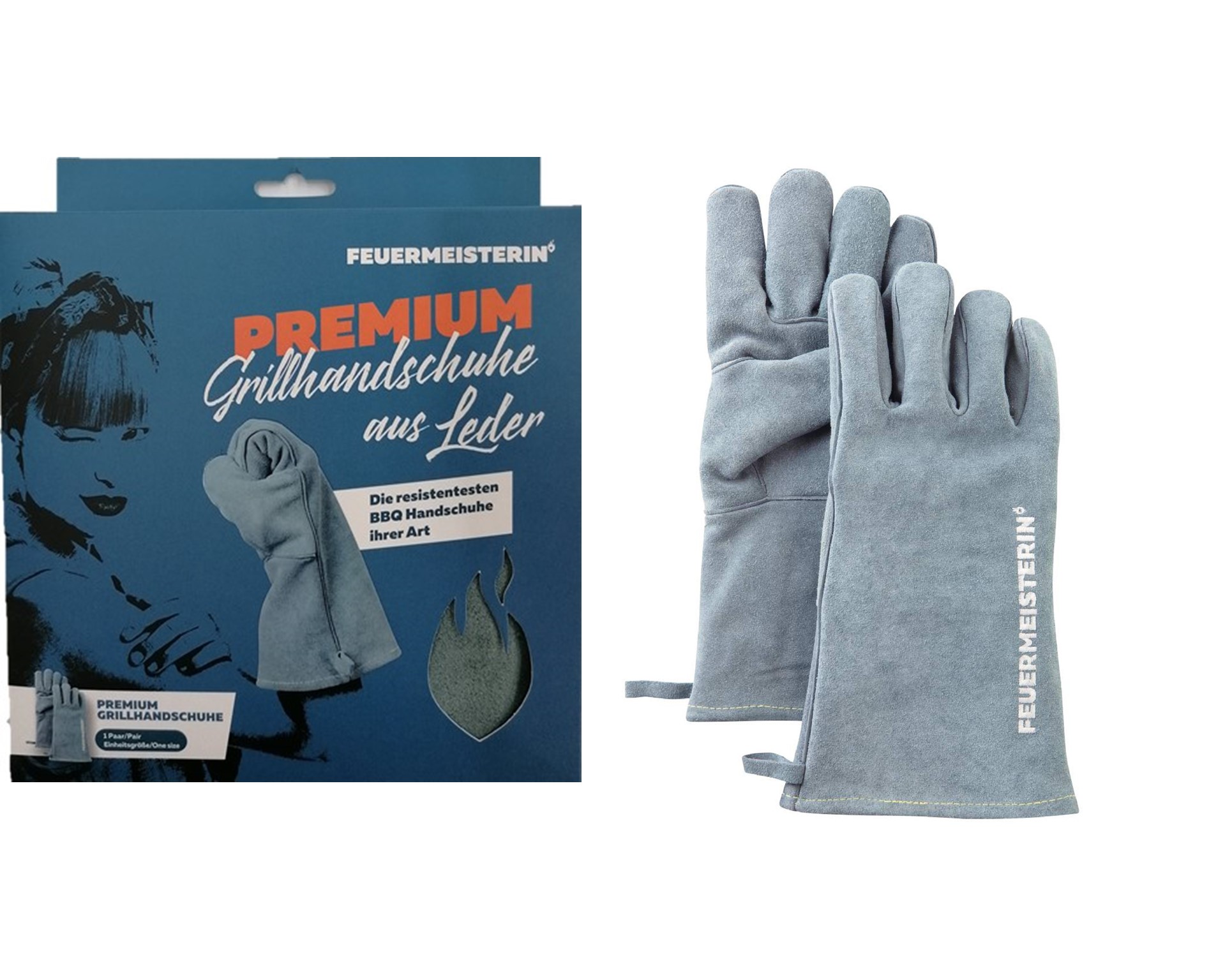 Feuermeisterin® Premium Grillhandschuhe, Leder, grau-blau