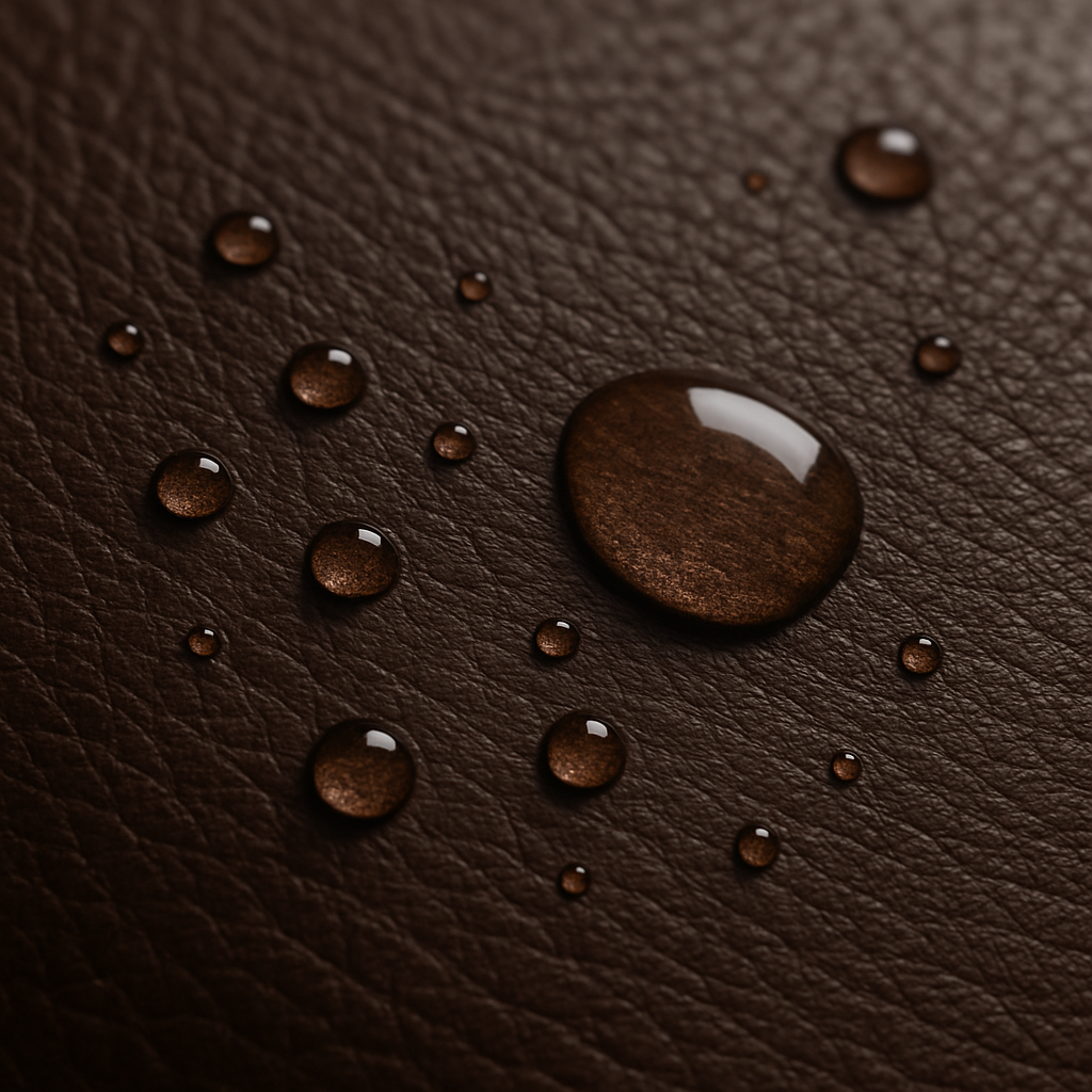 Wasser perlt von dunkelbraunem Nappaleder ab